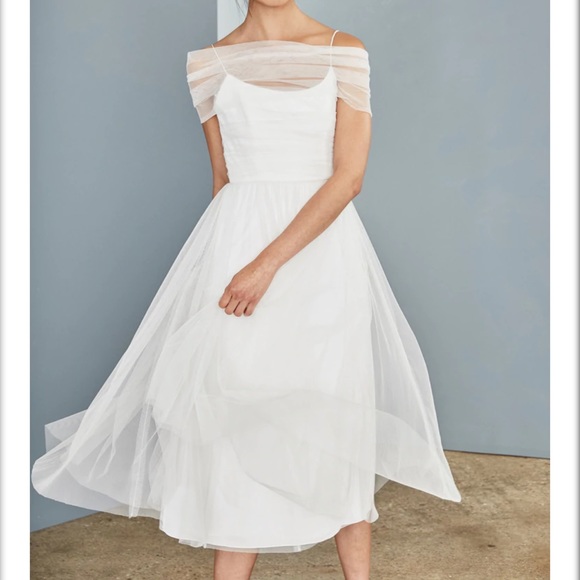 knee length dresses for ladies Amal Ruffle Shoulder Tulle Midi Dress Nude XS